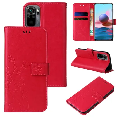 Produktbild von Handyhülle für Xiaomi Redmi Note 10 Floral Blumen Schmetterling Flip Cover Hülle Case Klapphülle Handytasche Farbe: Rot