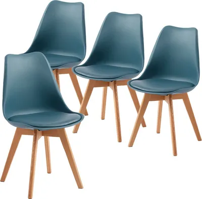 Four dark blue dining chairs with wooden legs are arranged on a white background.