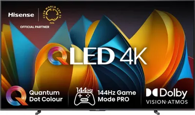 A Hisense QLED 4K TV with promotional text and graphics.