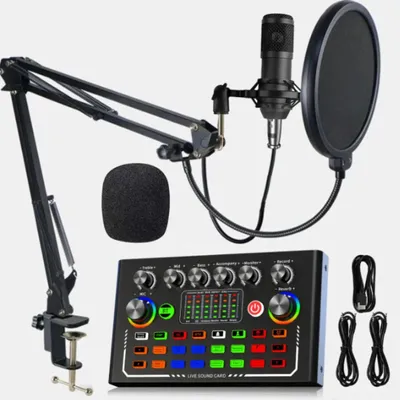 Zdjęcie produktu dla Zestaw mikrofonowy do streamingu – mikrofon pojemnościowy z zestawem słuchawkowym + karta dźwiękowa USB – przewodowy – wbudowany akumulator – do komputerów PC i smartfonów – Pro Studio – czarny