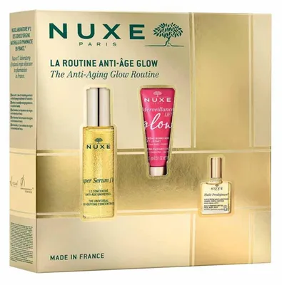 Immagine prodotto di Set anti-età illuminante Nuxe: Super Serum [10], siero vegano anti-età per viso e collo, da utilizzare di giorno e di notte, 30 ml + Crema illuminante e rassodante Merveillance Lift per il viso, 15 ml + Olio multiuso nutriente Huile Prodigieuse per viso, corpo e capelli, 10 ml *Formato mini