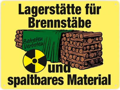 A yellow sign with black text and an illustration of stacked logs and a radiation symbol.
