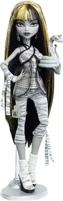 A Monster High doll, Cleo de Nile, is displayed on a stand against a white background.