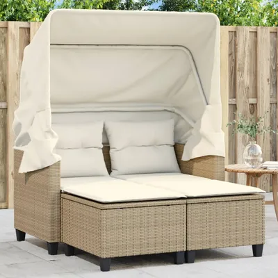 Produktbild von vidaXL Gartensofa, Poly Rattan, Beige, 2-Sitzer, mit Dach und 2 Hockern, 123x65x155 cm (Gesamtabmessungen mit Dach), Abnehmbarer und waschbarer Bezug
