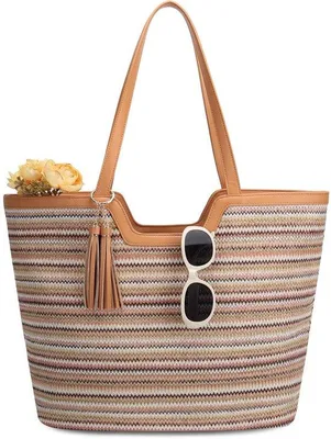 Produktbild von Ibenzoa® Strandtasche Damen – mittelgroße Stroh-Tasche 34×15×34 cm, Boho-Design mit Quasten, khaki Baumwollfutter, faltbar, 0,56 kg