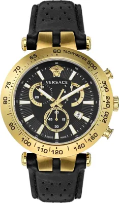 Produktbild von Versace VEJB00422 V-Race Bold Chrono gold schwarz Leder Armband Uhr Herren NEU