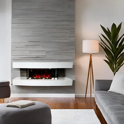 A modern living room with a fireplace, sofa, and floor lamp.