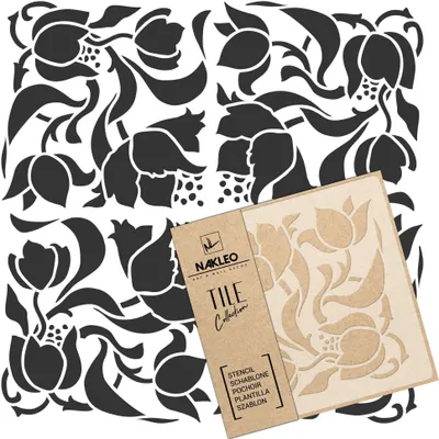 Produktbild von Tile Fliesen Schablone zum Malen 15x15 cm, Art Nouveau Deco Blume Geometrisch, Kunststoff Wiederverwendbare Bodenschablone DIY