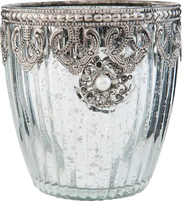 Zdjęcie produktu dla Podświetlnik na świece typu tealight, szklany i metalowy, z perłą, 10x10 cm, przezroczysty, Clayre & Eef PEARL