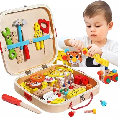 Produktbild von Kinder-Werkzeugset für Kleinkinder, Holzwerkzeug-Spielzeug mit Werkzeugkasten für das Wohnzimmer zu Hause