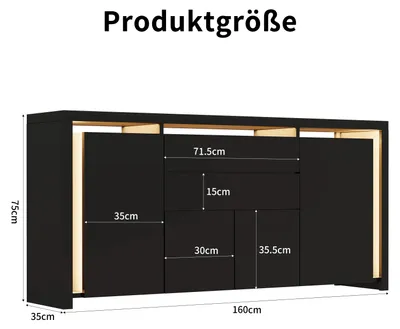 Image de Buffet – Meuble de rangement – 160 x 35 x 75 cm – 4 portes – 2 tiroirs – Surface haute brillance – Noir