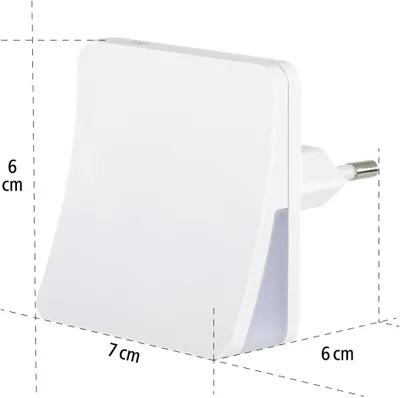A white LED night light with dimensions indicated by dashed lines and measurements.