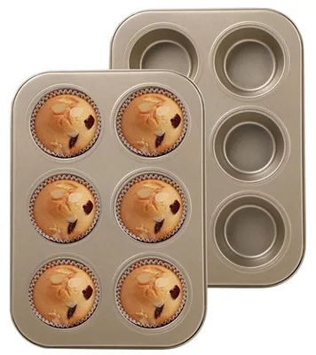 Image de Lot de 2 moules à muffins en acier carbone, antiadhésifs, pour 6 muffins, dimensions : 26,5 x 18,5 x 2,8 cm