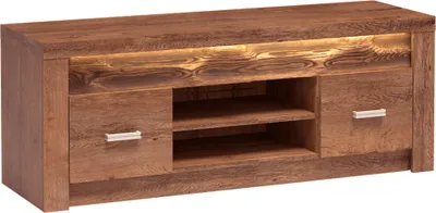 A modern lowboard with a wood grain finish and integrated lighting.