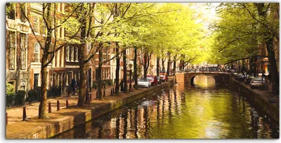 Produktbild von Coloray Spritzschutz aus Glas 120x60  Wandkunst Küchenrückwand Holland See Bäume Häuser Brücke Autos