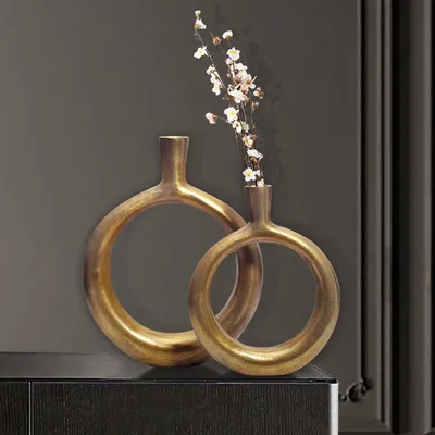 Produktbild von FineBuy Deko Vase 2er Set Aluminium Gold Donut Blumenvase Modern Dekovase Rund 2-teilig für Blumen Alu Tischvase Wohndeko Tischdeko Handgefertigt