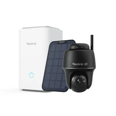 A security camera set with a hub and solar panel.