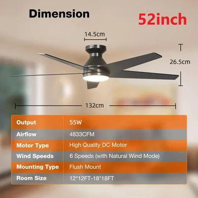 Image de Ventilateur de plafond, lampes LED, moteur réversible, 52 pouces, couleur noire