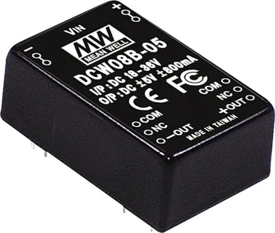Produktbild von MEANWELL DCW08A-05, DC DC-Wandler, 9-18V:+ -5V 800mA 8W