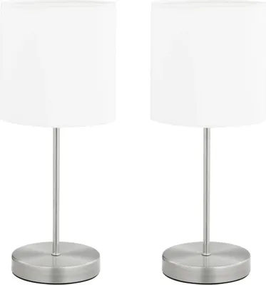 Two identical white table lamps with silver bases and stems are shown against a white background.