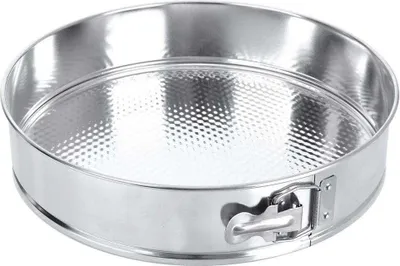 A silver springform cake pan with a textured bottom is shown from a slightly elevated angle against a white background.