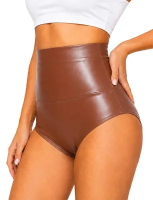 Immagine prodotto di Solidchoice - Pantaloncini mini in ecopelle, vita alta, con controllo dell'addome, per donna