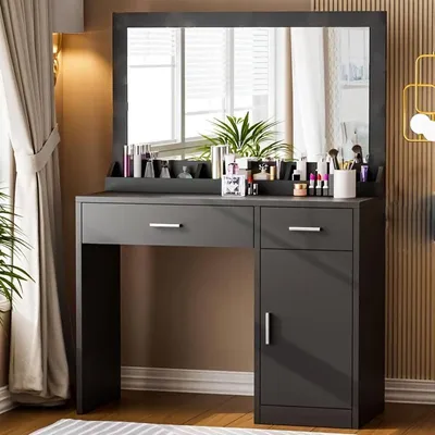 Immagine prodotto di Comò da trucco con grande specchio – tavolino da trucco con 2 cassetti e un armadietto