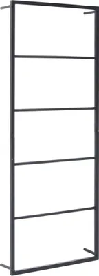 A black metal towel rack with multiple horizontal bars, shown against a white background.