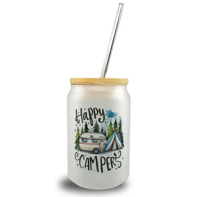 Produktbild von Happy Campers Wohnwagen Trinkglas mit Bambusdeckel