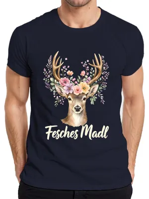 Immagine prodotto di Maglietta da uomo in pelle, stile bavarese, con motivo di cervo e corna di fiore, taglia L, colore blu navy
