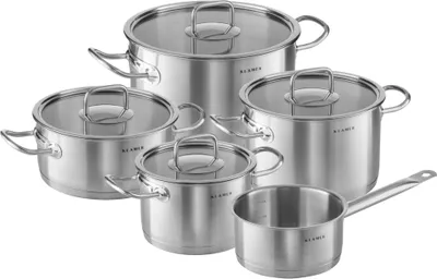 A set of five stainless steel pots and pans with glass lids, arranged on a white background.