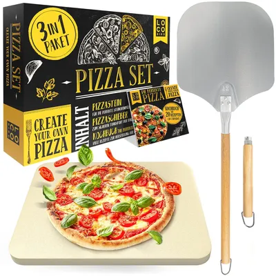 Productafbeelding van Pizzasteen voor oven - Set van 3 - Pizzaschep - Rechthoekige pizzasteen - Cordieriet - Voor knapperige pizzabodemmen - Pizzaset