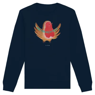 Produktbild von Mr. & Mrs. Panda Bio Pullover Rotkehlchen Weihnachten Größe S - French Navy - Geschenk, Pulli, Winter, Sweatshirt, Baumwoll, Frohe, Sweater, Heiligabend, Vogel