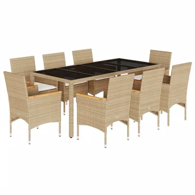 Produktbild von vidaXL 9-tlg. Garten-Essgruppe mit Kissen Beige Poly Rattan Glas