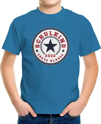 Produktbild von Kinder T-Shirt Jungen Schulkind 2022 erste Klasse Stern Geschenk zur Einschulung Schulanfang Moonworks® ozean-blau 122-128 (7-8 Jahre)