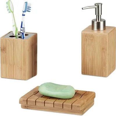 Immagine prodotto di Set di 3 accessori da bagno in bambù - lavabotto, portasapone, portaspazzolini - design naturale ed ecologico