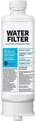 A white refrigerator water filter with text and specifications printed on it.