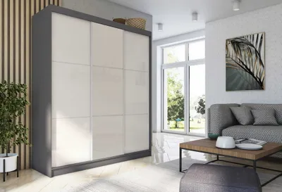 Produktbild von Schwebetürenschrank Viva, Kleiderschrank mit 2 Türen und 2 Schubladen, Moderne Garderobe in Farbe: Graphit / Weiß, Schrank in Größe: 180 x 216 x 61 cm