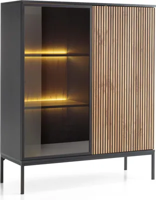 A modern display cabinet with a glass door on the left and slatted wood doors on the right, illuminated by LED lights inside.