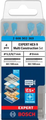 Image de Bosch EXPERT HEX-9 Jeu de forets Multi Construction, 5,5/6/7/8 mm, 4 pièces - 2608902369