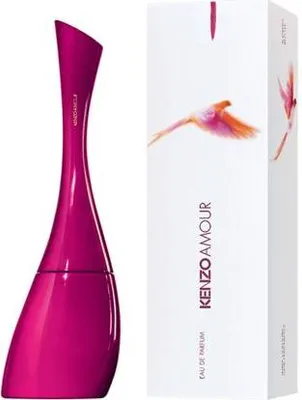 A pink perfume bottle and its white packaging are shown against a white background.