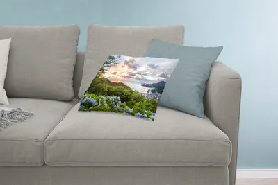 Produktbild von MuchoWow® Zierkissen Sofakissen Wohnzimmer Dekokissen 60x40 cm Sonnenuntergang mit Hortensien - Kopfkissen - Polster mit Foto