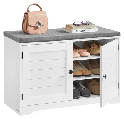 Produktbild von Schuhbank mit Stauraum - LSB034 - 3 Ebenen - Sitzkissen - Verstellbare Regalböden - Maße 35,5 x 81 x 52,5 cm - Weiß/Grau