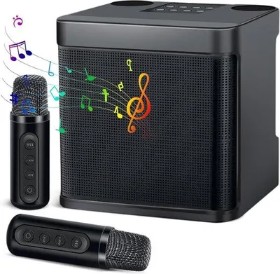 Obrázek produktu pro Karaoke sada s přenosným Bluetooth reproduktorem, 2 bezdrátovými mikrofony a párty osvětlením – pro dospělé i děti s efekty pro změnu hlasu