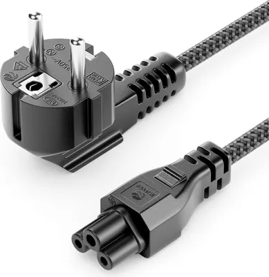 Produktbild von deleyCON 1m Netzkabel Stromkabel Typ F auf C5 (Nylon Kabel) Schutzkontakt 90grad Winkel Stecker auf Kleeblattkupplung 2,5A für Laptop Notebook Netzteil TV Monitor - Grau