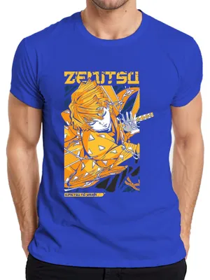 Imagen del producto de Camiseta para hombre, estilo anime "Kimetsu no Yaiba", diseño "Blitz Schwert", con el personaje Zenitsu Agatsuma, color azul, talla L