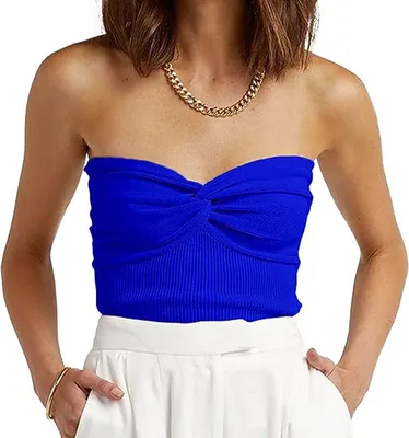 Image de ASKSA Femme Tube Top Y2K Côtelé Knit Tops Twist Knot Bustier Sans Bretelles Hauts Sans Manches, Bleu, XL