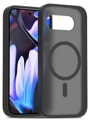 A black phone case with a translucent matte back is shown next to a smartphone.