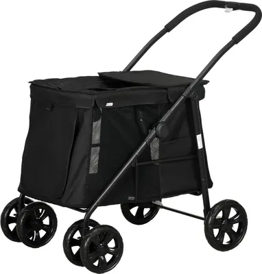 Produktbild von Hundewagen, Faltbarer Hundebuggy, Mit Seitentaschen, Netzfenster, Für Kleine Und Mittelgroße Hunde Bis 20 Kg, Oxford-Gewebe, Schwarz