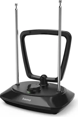A black indoor antenna with two silver telescopic rods on a black base.